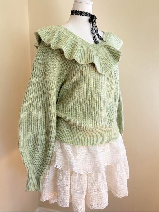 Coquette lolita ruffle babydoll collar balloon sleeve knit sweater green Japan M - Picture 3 of 10
